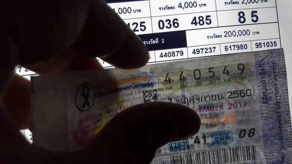 Närbild checknumret på thailändska nationella lottsedel nära win, — Stockfoto