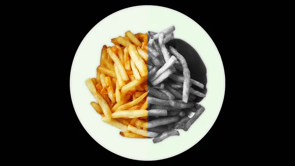 Papas fritas, papas fritas grasa colateral más alto en calorías y sodio, f —  Fotos de Stock