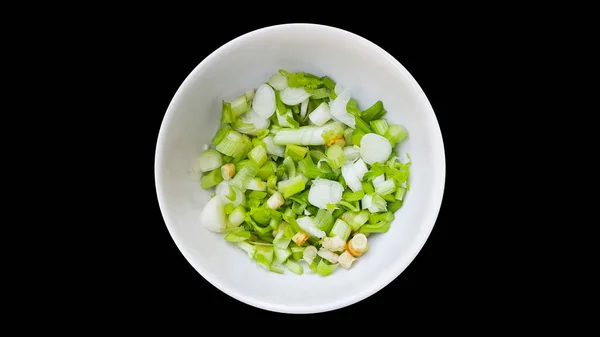 Spring Onions Coriander Roots White Bowl Isolated Background — Stock Photo, Image