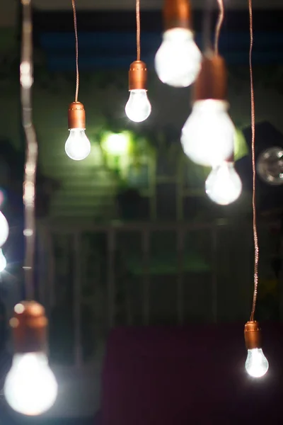 Lampen mit Drähten auf grünem, verschwommenem Hintergrund — Stockfoto