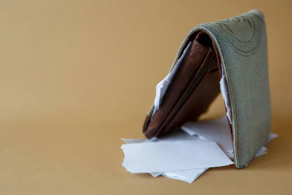 Seitenansicht Einer Leeren Brieftasche Mit Papierstücken Statt Geld Auf Leichtem — Stockfoto