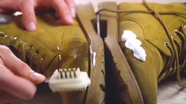 Hands Brush Brown Dirty Shoes Suede Nubuck Using Cleaning Foam — Stock Video