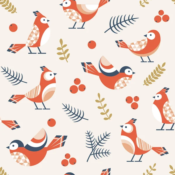 Kuşlar Köknar Dalları Kırmızı Böğürtlenli Noel Deseni — Stok Vektör