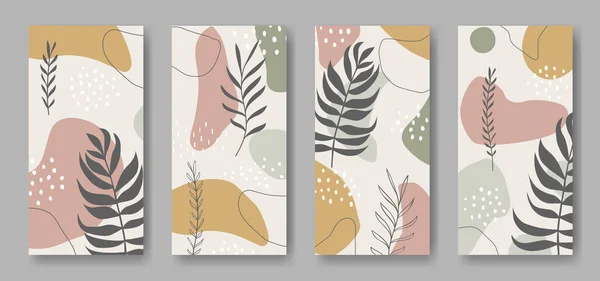 Conjunto Quatro Banners Vetoriais Com Ornamento Abstrato Folhas — Vetor de Stock