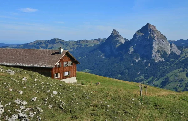 Pohled z Stoos, mount Mythenského. Statek a zelená louka. — Stock fotografie