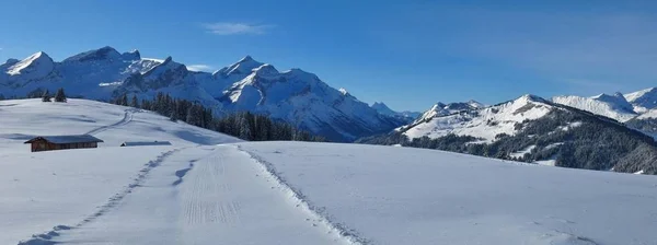 Zimní den v Bernském Oberlandu. Zasněžené hory. Pozemky — Stock fotografie