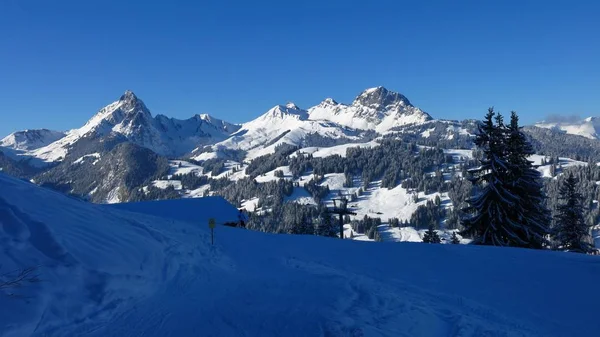 View from the Hohe Wispile ski area, Gstaad. Snow covered mounta — Stock Photo, Image