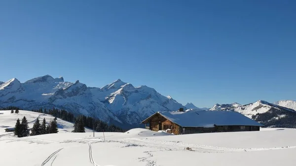 Paisaje idílico de invierno cerca de Gstaad, Suiza. Nieve cubierta — Foto de Stock
