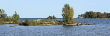Kayalık oluşumlarda büyüyen ağaçlar ve Vanern Gölü kıyısında küçük adalar..