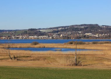 Bir kış günü Pfaffikon Gölü kıyısında.