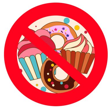 Forbidden sign with confectionery linear icon.  No sweets prohibition. Stop contour symbol. EPS 10.  Flat vector illustration  Isolated on white background
