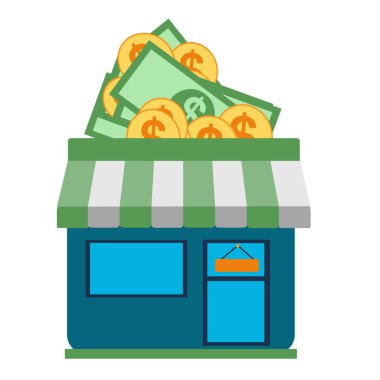 cute store shopping money dollar. Small store yielding gold coins. commerce icon design, vector illustration eps10 graphic