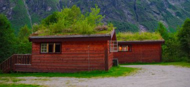 Çatılarında çimen olan kırmızı ahşap evler. Norveç kampı popüler turistik merkezin yakınında. Norveç. Tatil seyahatleri ve maceralar.