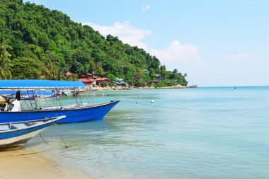Beautiful Goa province beach in India with fishing boats and stones in the sea