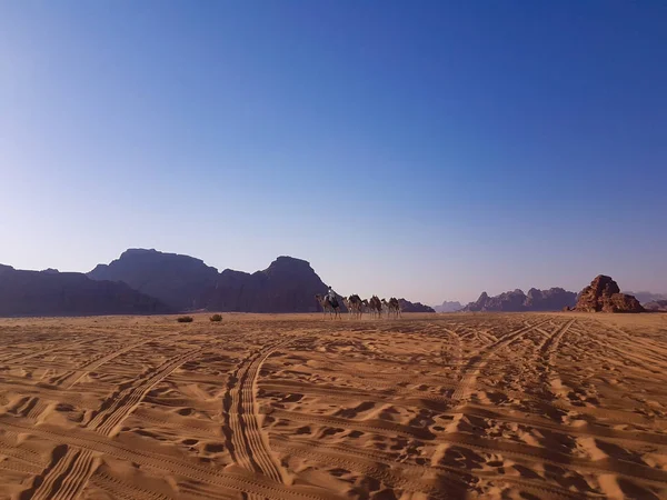 stock image Sunset in Wadi Rum desert. Sundown and rocky mountains. Safari ride on a pick up trucks in Arabian desert.