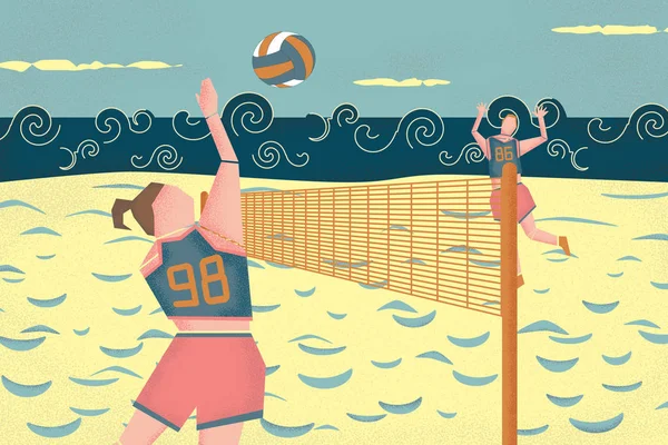 Grafisk Illustration Två Beachvolleybollspelare Som Spelar Vid Stranden Kvinnlig Sand — Stockfoto