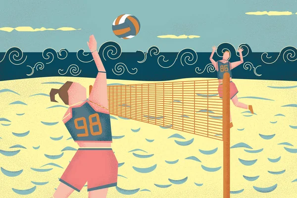 Sahilde oynayan iki plaj voleybolcusunun grafiksel çizimi. Dişi voleybol oyuncusu voleybol ağının üzerinden topa vurdu. Hareket halindeki iki voleybol oyuncusu. 