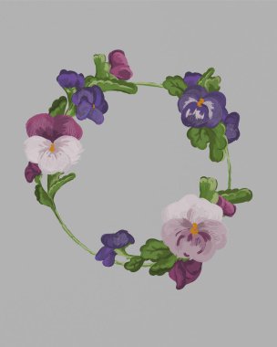 Gri arkaplan üzerinde yuvarlak çiçek çerçeve çizimi. Yuvarlak çerçeveli nonoş çiçek süsü. Pastel çizim tekniğinde nonoşlar çiçek açar.. 