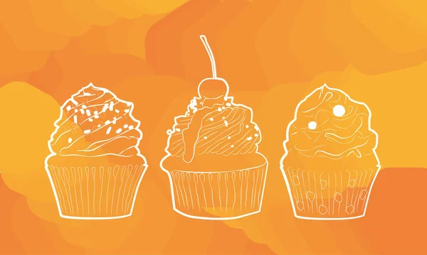Ensemble Vectoriel Cupcakes Avec Différents Glaçages Sur Dessus Trois Silhouettes — Image vectorielle
