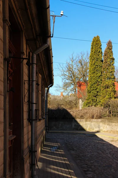 Smal Gata Gammal Stad Stensatt Passage Med Sväng Efter Hus — Stockfoto