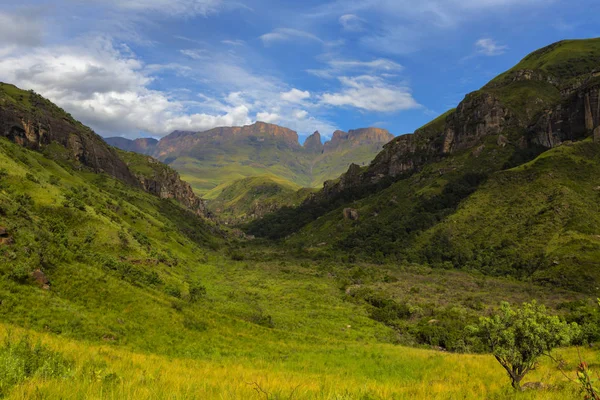Valle verde y picos de montaña en Injisuthi — Foto de Stock