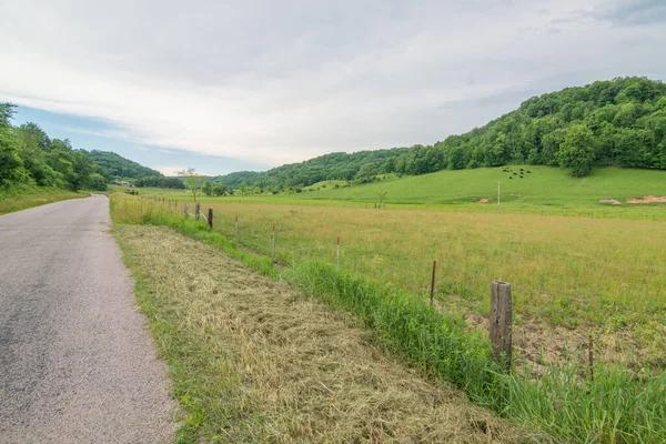 Batı Wisconsin 'deki başıboş Amish bölgesinin güzel yuvarlak tepeleri ve kırsal yolu.