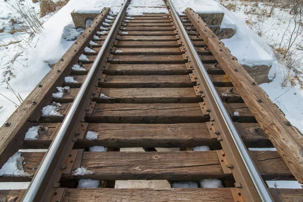 Puente Del Ferrocarril Madera Acero Invierno Frío Nevado Rural Minnesota —  Fotos de Stock