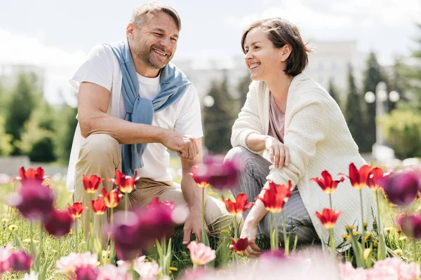 Middle-aged couple looking at the flowers in the park. — Stock Photo, Image