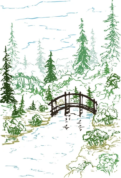 Vector forest landscape with a wooden bridge over a stream — Stock Vector