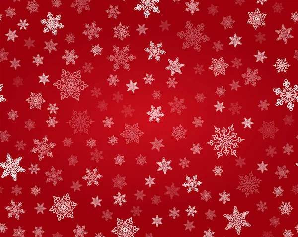 Sfondo natalizio con fiocchi di neve. Fiocchi di neve e cristalli su sfondo rosso . — Vettoriale Stock