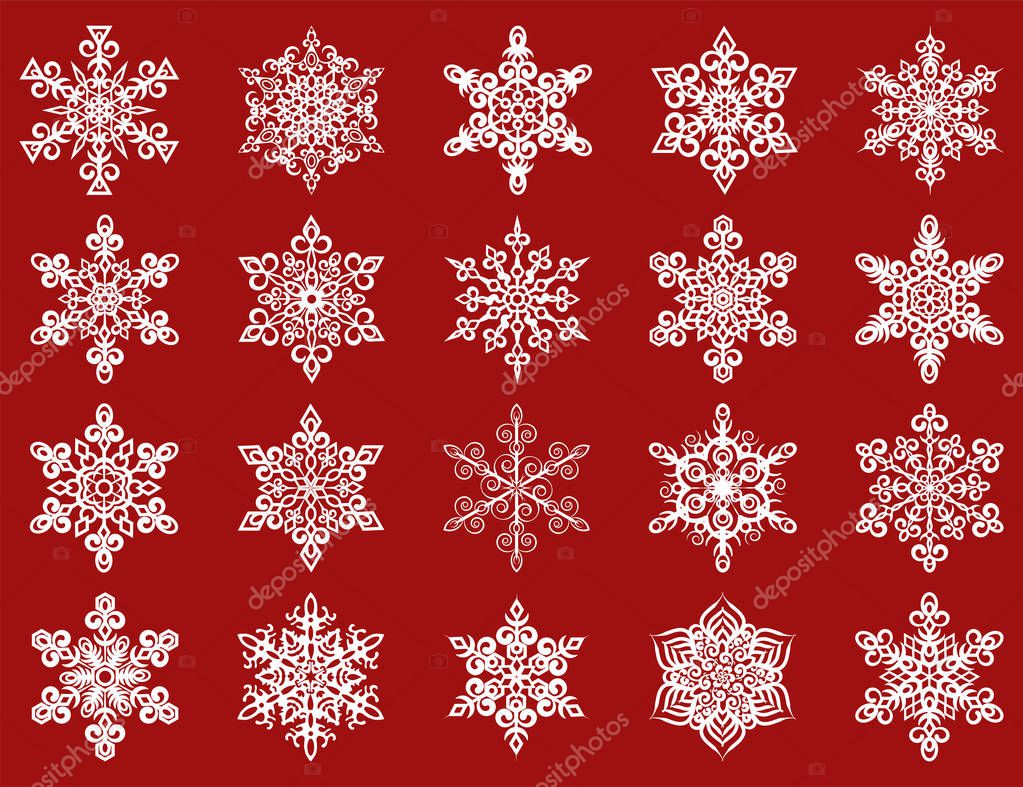 Set of snowflake icon vector. Isolated object on a red background. Template for graphic design of packaging, backgrounds, banners, logo or 2D game elements. Vector stock illustration.