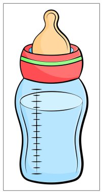 Terazili süt dolu bebek şişesi ve beyaz arka planda izole edilmiş meme ucu..