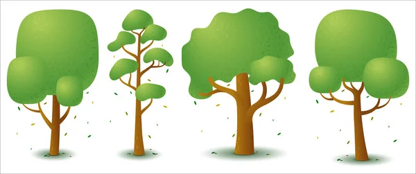 Set of vector green tree in spring and summer. Stylized drawing for logo design, build 2D games or postcards. — Stock Vector