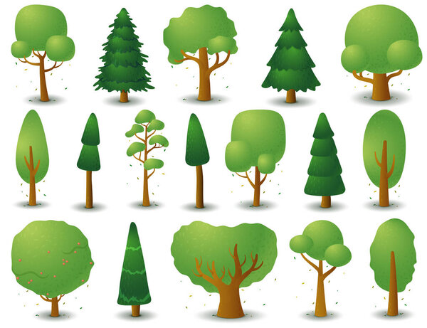 Большой набор векторных силуэтов лиственных и хвойных деревьев. Game UI flat. Стилизованная ель для логотипа, игр или карт
