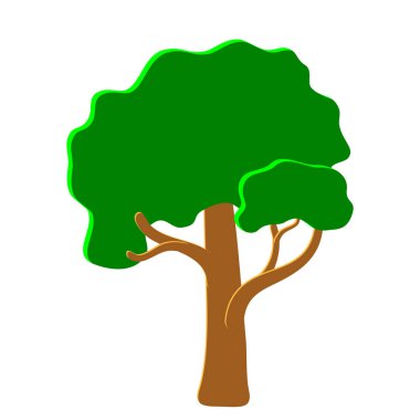 İlkbahar ve yaz mevsiminde vektör yeşil ağaç. Ui oyunu düz. Logo tasarımı, dekorasyon kıyafetleri, 2D oyunlar veya kartpostallar için stilize edilmiş çizim. Beyaz arkaplanda izole hisse senedi çizimi.