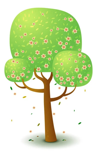 Lkbahar Yaz Aylarında Pembe Çiçekli Vektör Yeşil Ağaç Oyunu Düz — Stok Vektör