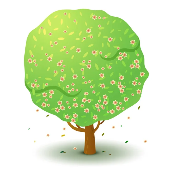 Lkbahar Yaz Aylarında Pembe Çiçekli Vektör Yeşil Ağaç Oyunu Düz — Stok Vektör