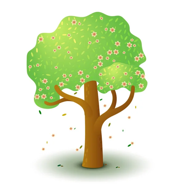 Vector Green Tree Pink Flowers Spring Summer Game Flat Stylized — Stock Vector