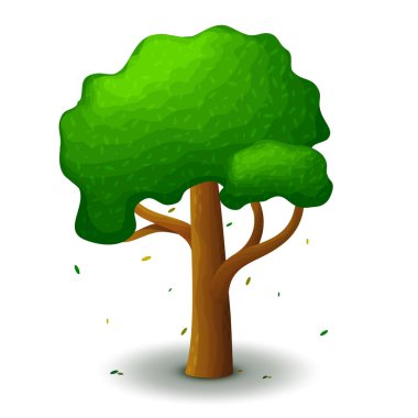 İlkbahar ve yaz mevsiminde vektör yeşil ağaç. Ui oyunu düz. Logo tasarımı, dekorasyon kıyafetleri, 2D oyunlar veya kartpostallar için stilize edilmiş çizim. Beyaz arkaplanda izole hisse senedi çizimi.