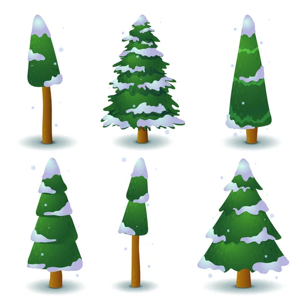 Set Vector Green Snowy Coniferous Tree Game Flat Stylized Spruce — Stock Vector