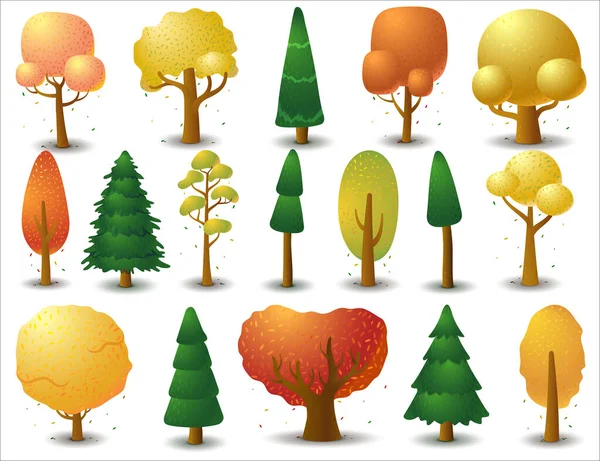 Большой Набор Векторных Лиственных Хвойных Деревьев Осенний Сезон Game Flat — стоковый вектор
