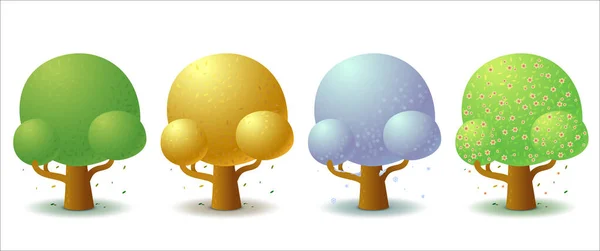 Set Four Stylized Trees Different Seasons Year Game Flat Template — Stock Vector