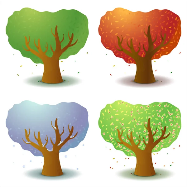 Set Four Stylized Trees Different Seasons Year Game Flat Template — Stock Vector