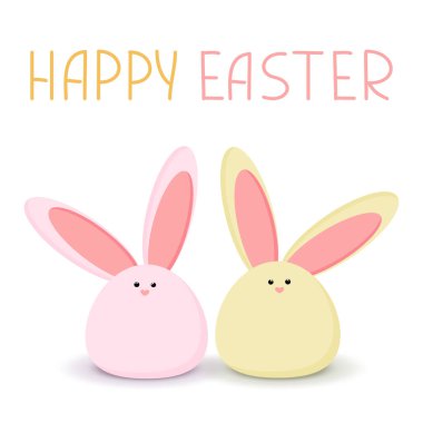 Tavşanla renkli Paskalya tebrik kartı. Paskalyayı bekleyen pembe ve sarı paskalya tavşanları. Basit düz bir şekilde vektör illüstrasyonu. Renkli hisse çizimi