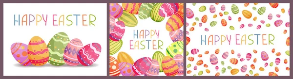 Paskalya Renkli Yumurtalarla Dolu Mutlu Paskalya Tebrik Kartları Basit Düz — Stok Vektör