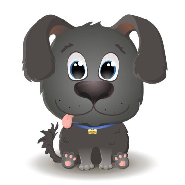 Çizgi film tarzında büyük gözleri olan sevimli siyah bir köpek. Labrador Retriever Puppy oturur ve gülümser. Düz karakter çizimi beyaz arkaplanda izole edildi