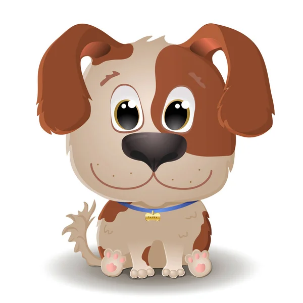 Çizgi film tarzında büyük gözlü, benekli, şirin bir bej. Küçük Jack Russell Puppy oturur ve gülümser. Düz karakter çizimi beyaz arkaplanda izole edildi