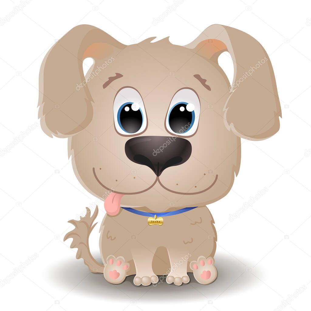 Vector cute beige dog with big eyes in cartoon style. Labrador Retriever Puppy sits and smiles. Flat character illustration isolated on white background