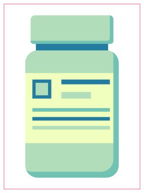 Plastik bir kavanozla tabletler için vektör düz çizim. Logo tasarımı, dekorasyon kıyafetleri, 2D oyunlar ya da kartpostallar için stilize edilmiş çizim. Beyaz arkaplanda izole hisse senedi çizimi.