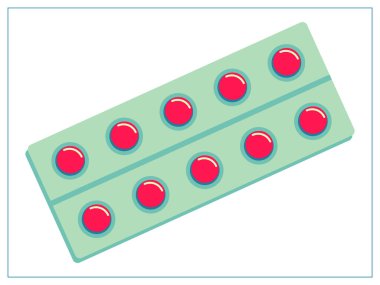 Kapsül ve tabletlerle dolu bir paket kabarcığı olan düz vektör çizimi. Web sitenizin tasarımı, logosu, uygulaması ve UI için stilize edilmiş çizim. Beyaz arkaplanda izole hisse senedi çizimi.